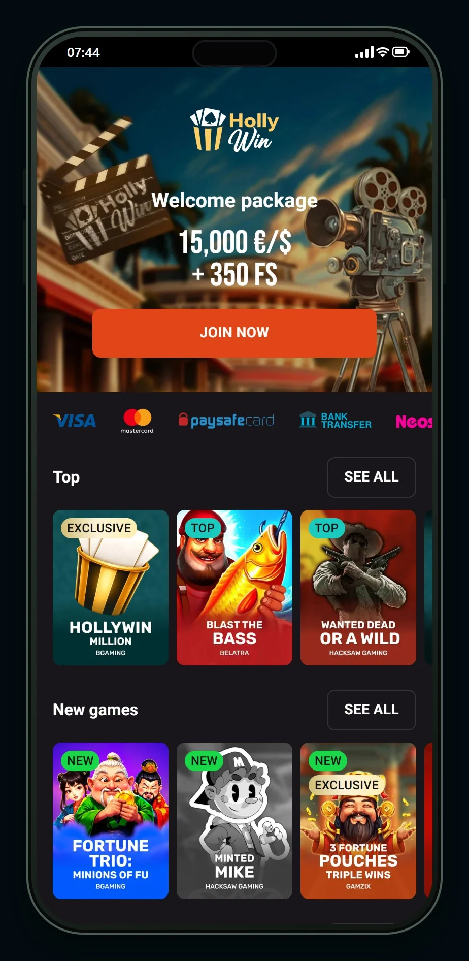 casino med ecoPayz: forsiden hos Hollywin