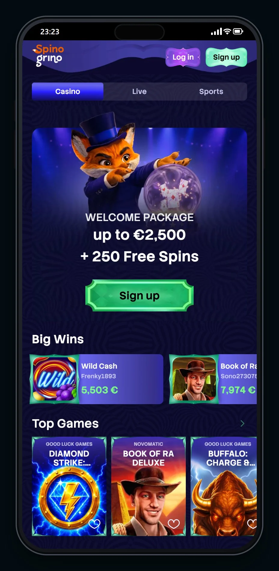 ecoPayz casino: ekran startowy Spinogrino