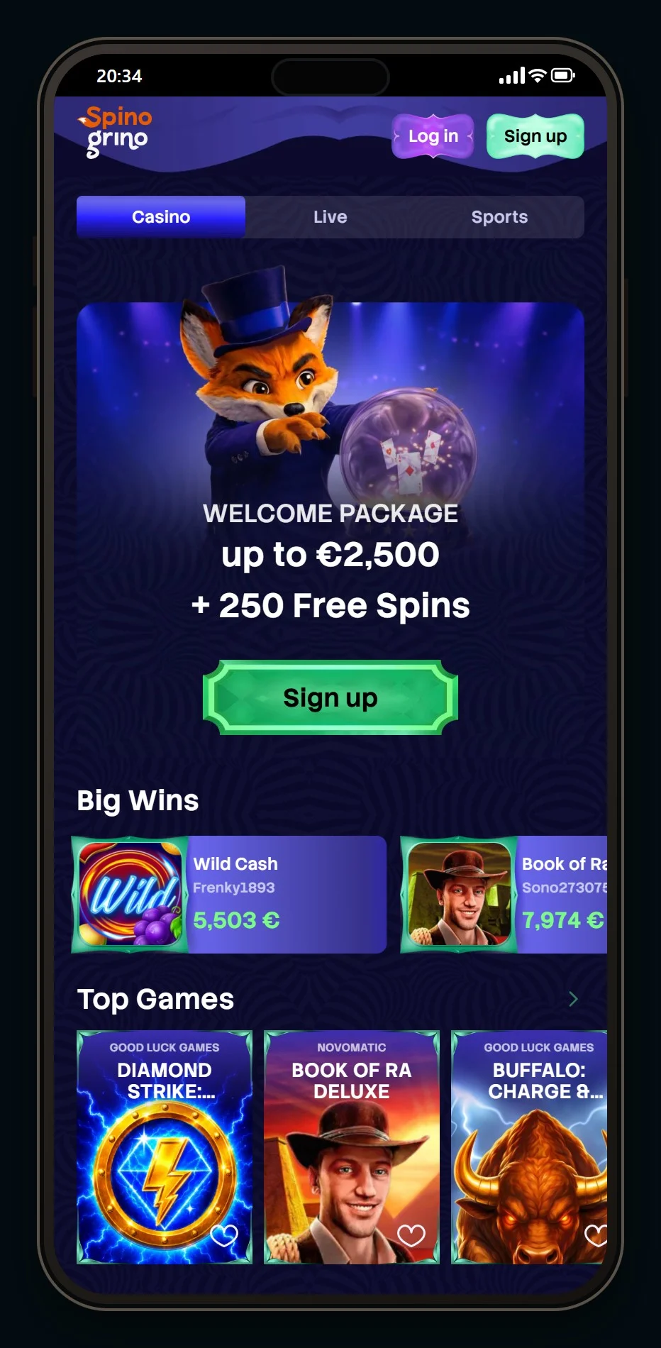 casino ecopayz: startsidan på casinot Spinogrino