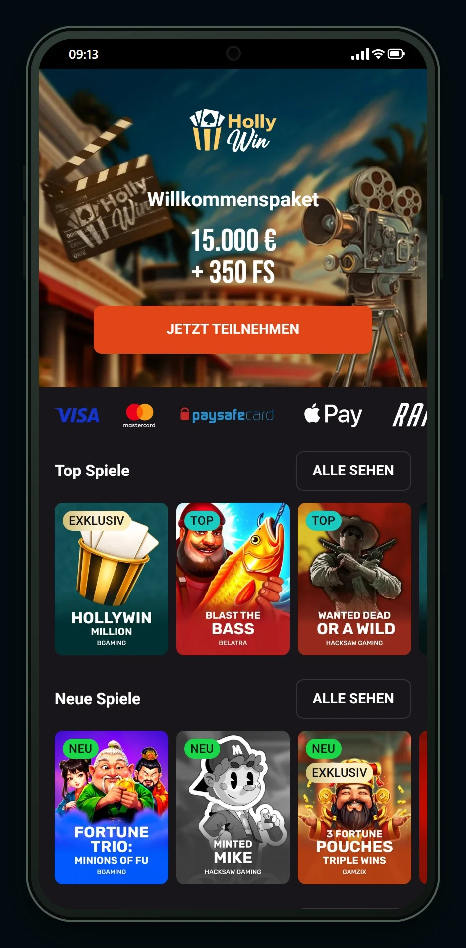 ecoPayz Casinos: Startseite von Hollywin