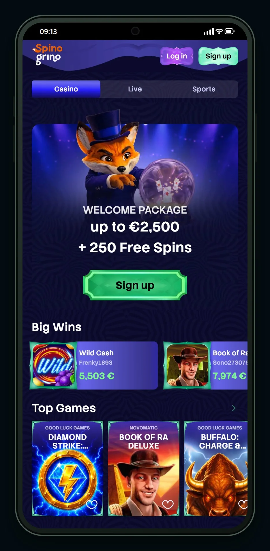Online Casino ecoPayz: die Startseite des Casinos Spinogrino